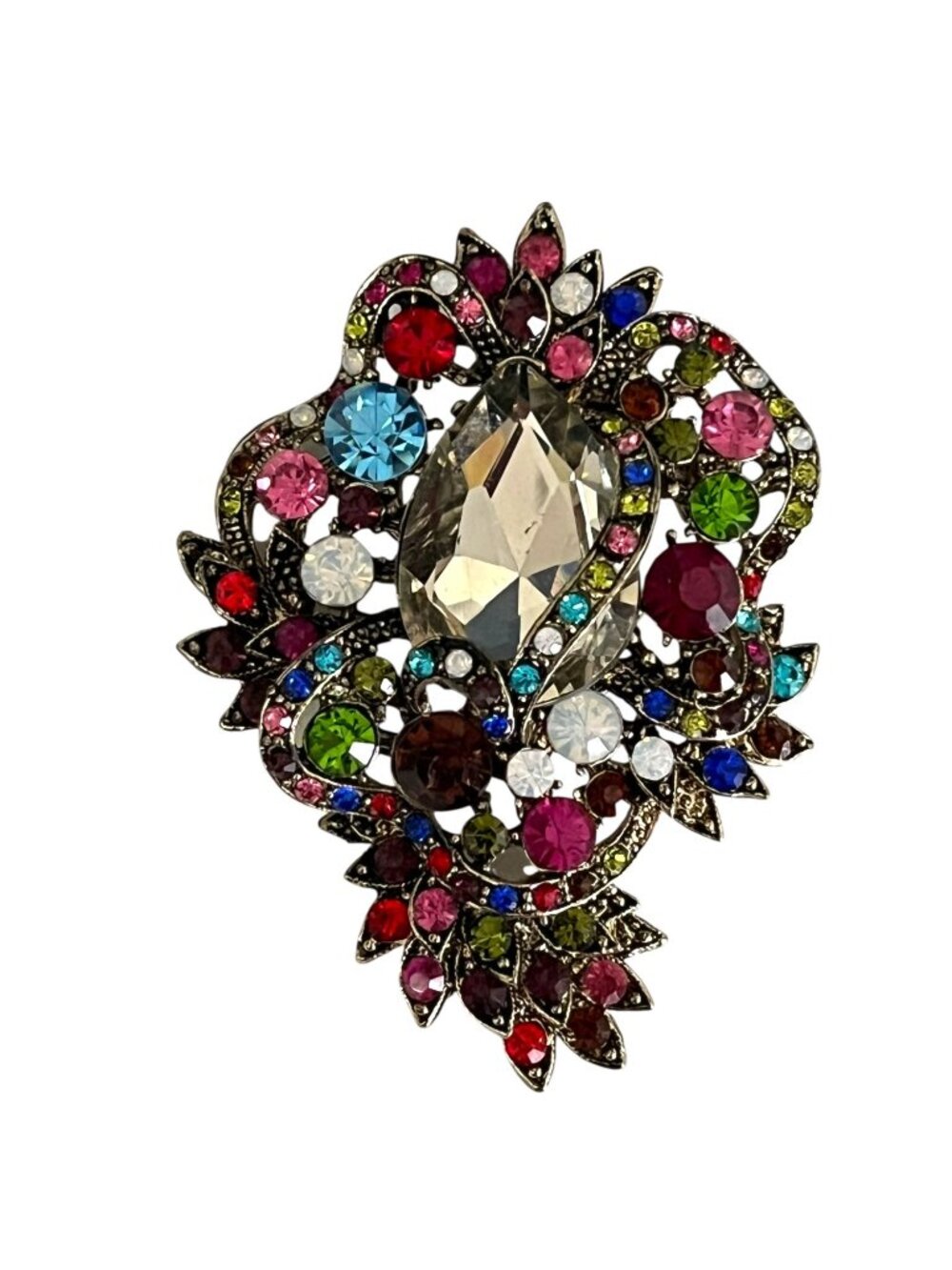 Vintage Style Multicolor Rhinestone Statement Brooch Large 3x2 Floral Scroll Pin